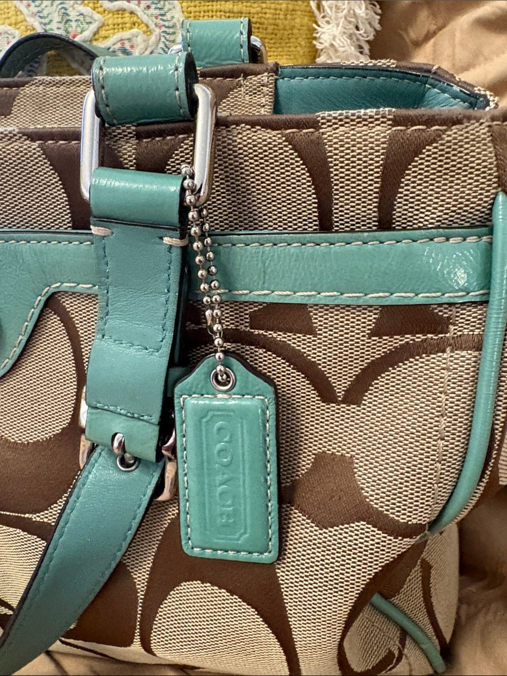 Coach Brown Signature Satchel with Teal Trim - Picture 2 of 7